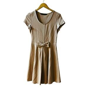 Zara Crew Neck Bow Tie Cap Sleeve Fit And Flare Dress Size S Small Brown